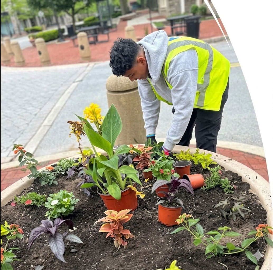 Worker planting flowers in a large stone container pot