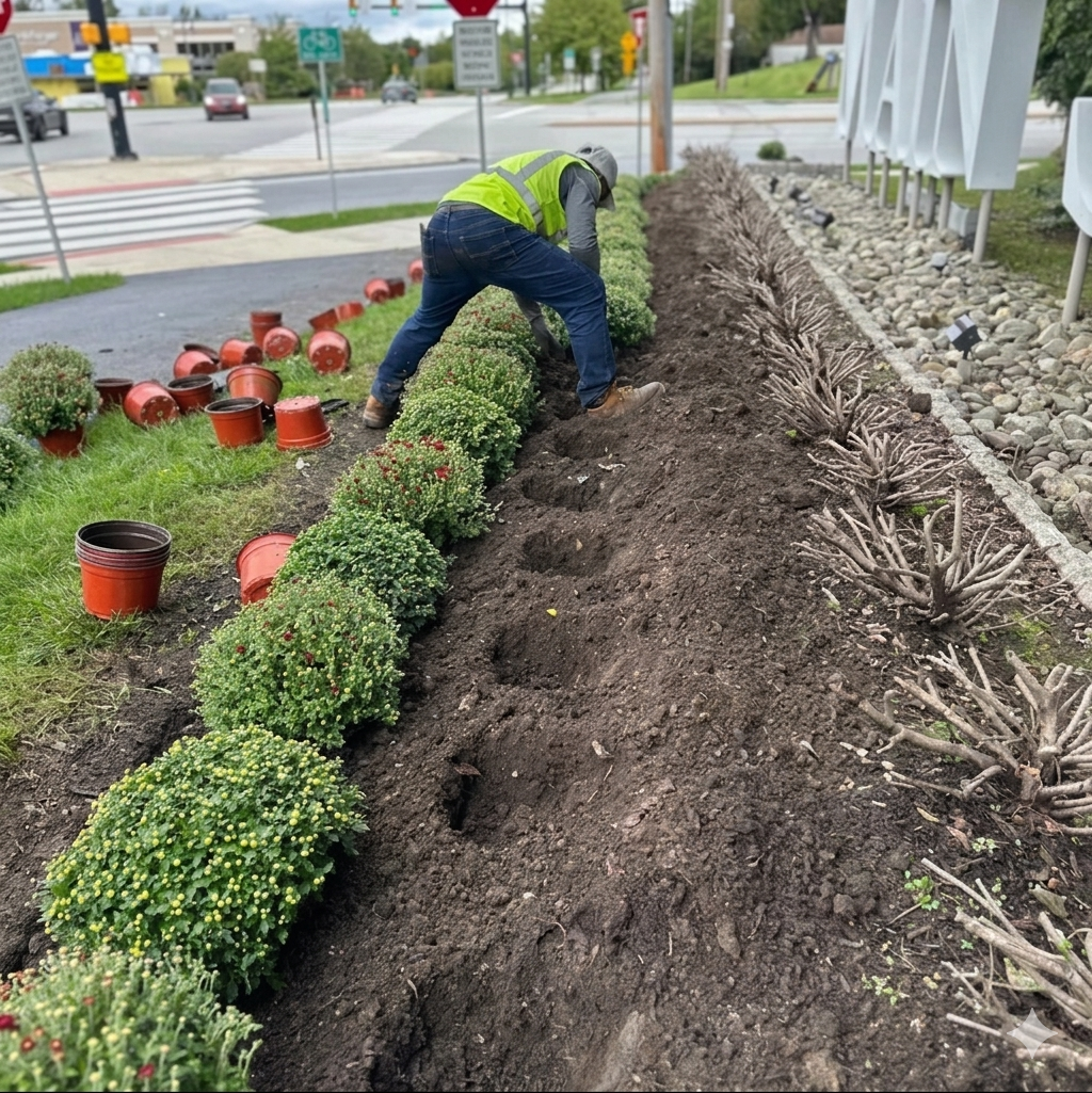 Worker digging holes and lining up green flower beds along dirt ditch line